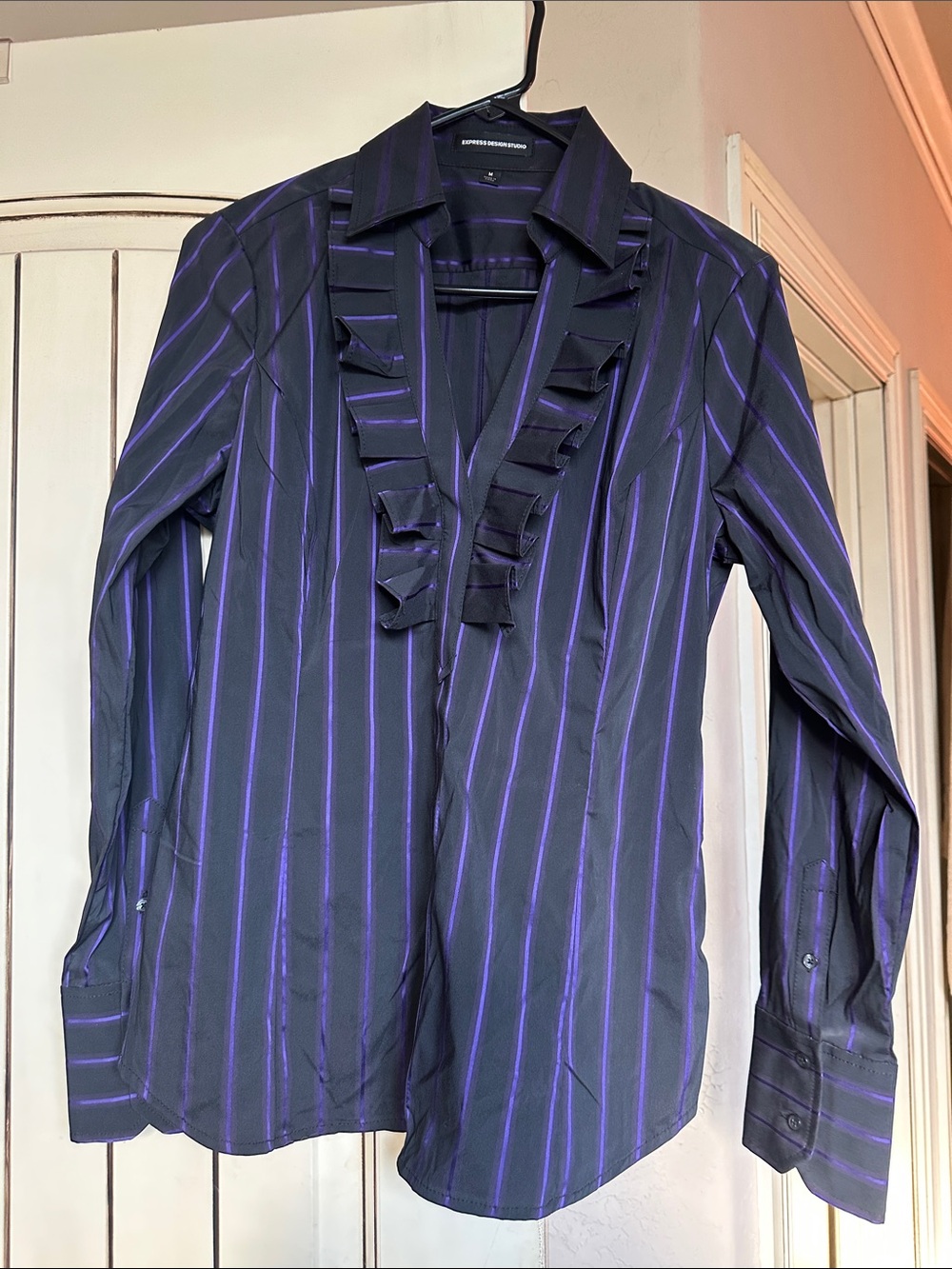 Express Black Dress Shirt with Purple Pinstripes